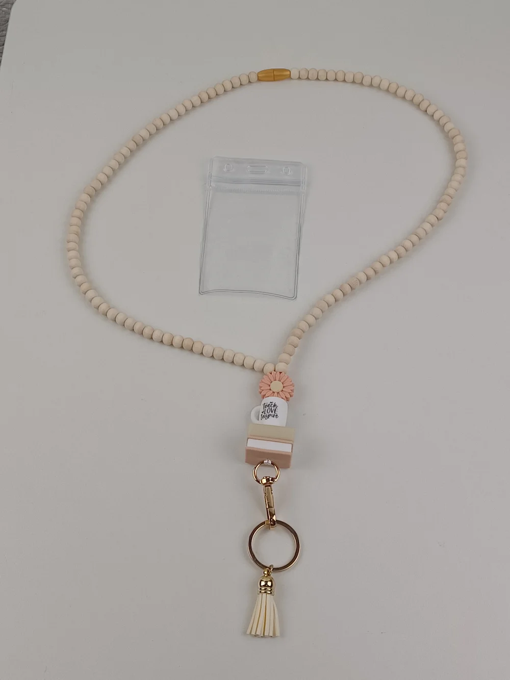 Wooden Cream and Pink Beaded Flowers Lanyard Key & Card Holder with Tassel